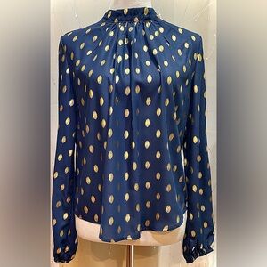 Navy Blue Pleated Blouse with Gold Polka Dots Medium